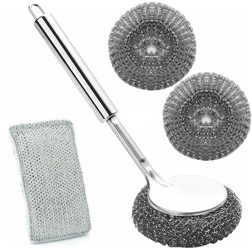 Image of 4pcs Stainless Steel Wool Scrubber with Long Handle Steel Scrubber Wool Pads for Cleaning Dishes Metal Scrubber Pot Scrubbers for Iron Pots, Stoves, Barbecue Grills, Wash Sink,Pans, Griddles