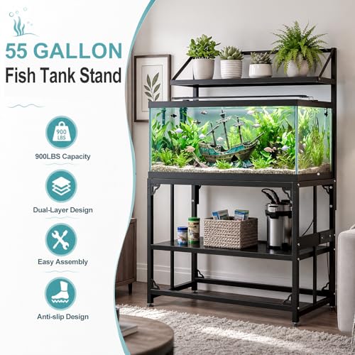 Image of Fish Tank Stand 40 Gallon 3 Layer, Metal Aquarium Stand with Power Outlet 36.5 inch L x 18.2 inch W x 56.2 inchH, 3-Layer Heavy-Duty Reptile Terrarium Stand, Suitable for Home and Office Use, 900LBS Capacity, Black (Tank not Included)