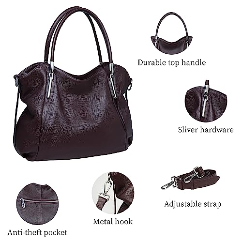 Image of HESHE Leather Shoulder Purses for Women Tote Handbags Satchel Hobo Handbag | Designer Genuine Leather Travel Top Handle Work Bag Ladies Crossbody Purses Adjustable Straps Large Capacity Zippered Closure