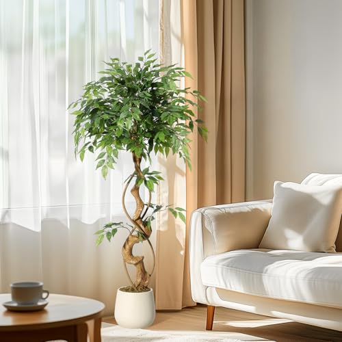 GarveeHome Ficus Artificial Tree with Curved Trunk,4 Feet Faux Plant Fake Silk Trees with White Pot, Fake Ficus Tree for Home Decor, Artificial Plants Indoor for Indoor Office Living Room