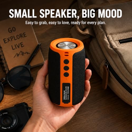 Image of Musibaby M68 Bluetooth Speaker, 12W, IPX5, 24H Playtime, OrangeBlack | Portable, small and compact with USB playback, AUX input, FM radio, TF card playback, up to 24H and dual pairing.