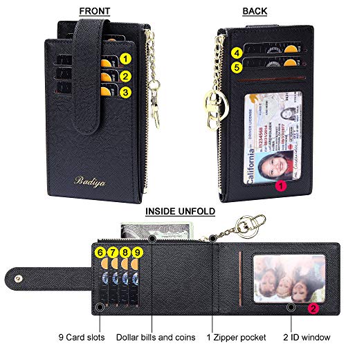 Image of Badiya Slim Women Wallet RFID Blocking Bifold Compact 9 Card Slots Holder Wallets Soft Leather with Zipper Coin Pocket 2 ID Window