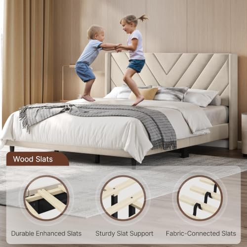 Image of Yaheetech King Bed Frame Upholstered Platform Bed /Wooden Slat Support /Tufted Headboard with Wing Side /Mattress Foundation /No Box Spring Needed,Beige King