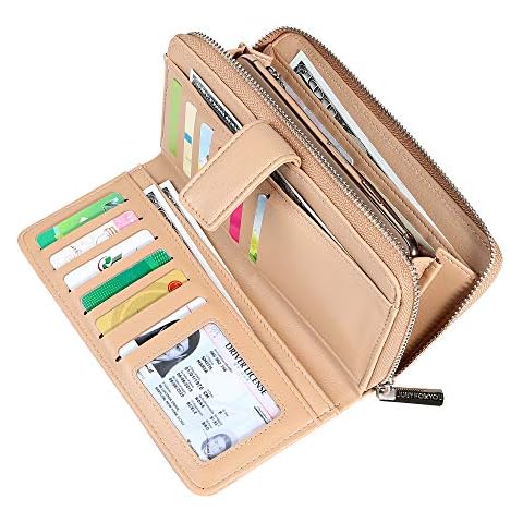 Cynure Women's Long 20 Slots Card Holder Leather Long Zipper Clutch Wallet for Ladies - beige - One Size Cover