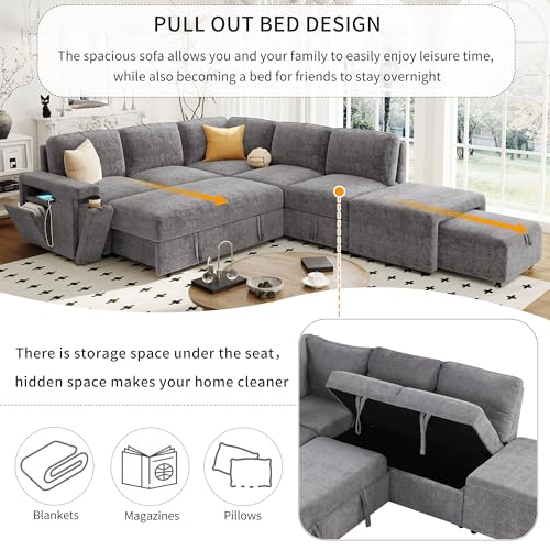 Image of Merax L-Shaped Modular Sofa with Removable Storage Ottoman, USB Ports and Cup Holder, Upholstered Sectional Couch & Armrest, Free Combination Indoor Furniture for Living Room, Apartments, Gray