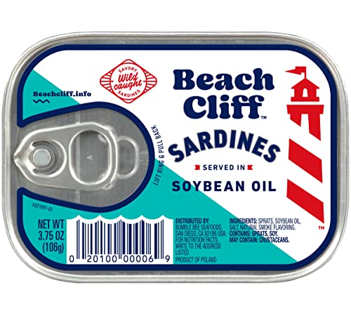 Beach Cliff Wild Caught Sardines in Soybean Oil, 3.75 oz Can - 13g Protein per Serving - Gluten Free, Keto Friendly - Great for Pasta & Seafood Recipes
