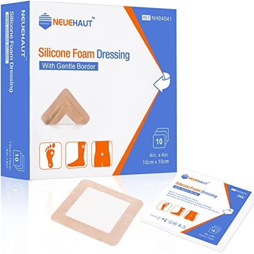 Silicone Adhesive Foam Dressing with Gentle Border 4''x4'', Bed Sore Pressure Ulcer Leg Ulcer Silicone Wound Bandage, High Absorbency Waterproof, 10 Pack by NeueHaut (4''x4'' (Pack of 10))