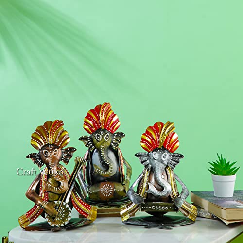 Image of CraftVatika Metal Ganesha Playing Musical Instruments Set of 3, Handcrafted Ganesha Playing Dholak Harmonium Sitar Showpiece for Living Room Tabletop Home Decor Items, Ganesh Musical Showpiece