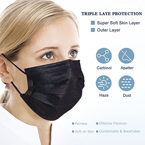 Sooqoo Masks Disposable 100Pcs,With Elastic Loop, Breathable Comfort, 3-Ply Masks, Waterproof, Adjustable Clip, Skin-Friendly Fabric (Black) #TOP4