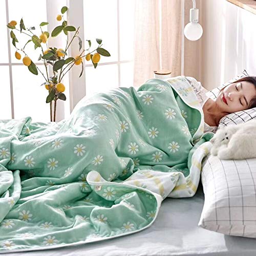 SANACYNA 6-Layer Gauze 100% Cotton Muslin Blanket Sunflower King Size Bed Blanket Lightweight Soft and Breathable Blanket for Sofa Bed Coverlet All Seasons Both Sides (Green, King(90