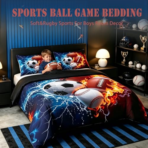 Image of Feelyou Boys Sports Comforter Set Full Size Football Baseball Soccer Bedding Set Basketball Duvet Quilt for Kids Boys Bedroom Ball Game Sports Decor Microfiber Ultra Soft Breathable