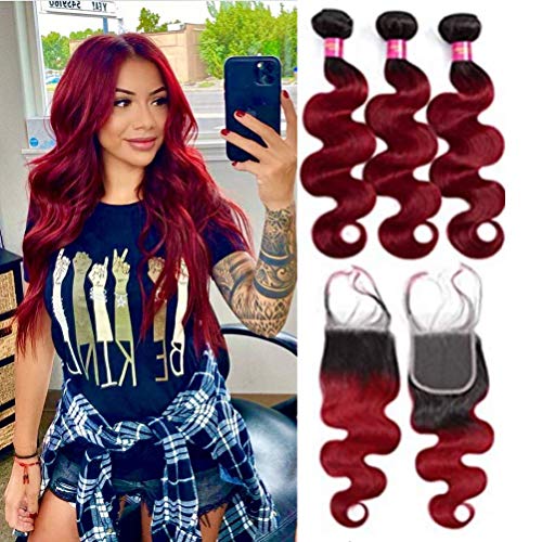8A Grade Ombre Hair Bundles with Closure Brazilian Virgin Human Hair Weaves with 4x4 Lace Closure Body Wave Hair Extensions (14 16 18+16 Closure,#1b/burg)