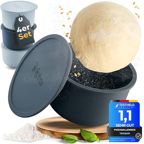 Teigbar« Pizzaballenbox mit Deckel, 4er Set - platzsparende Teigbox aus löse-leichtem Silikon - bis zu 350g Pizzateig Box - Gärbox, Pizza Zubehör, Pizza Box - Schwarz/Grau - Ø13cm