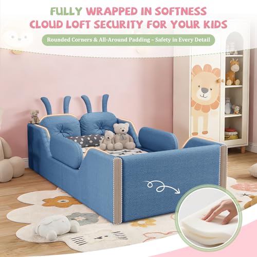 Image of Twin Size Kids Floor Bed Frame, Upholstered Montessori Platform Bed W /Removable Rails Cute Daybed Frame for Girls Boys, No Box Spring Required,Blue