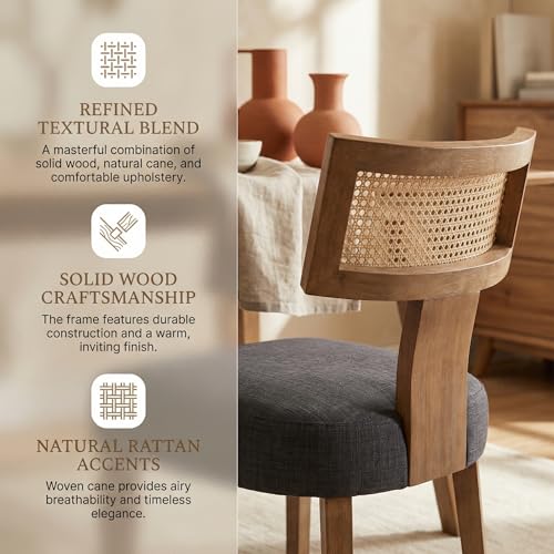 Image of HNY Mid Century Modern Rattan Dining Chairs Set of 2, Farmhouse Linen Upholstered Accent Chair Curved Backrest Kitchen Chairs, with Hardwood Frame, Charcoal