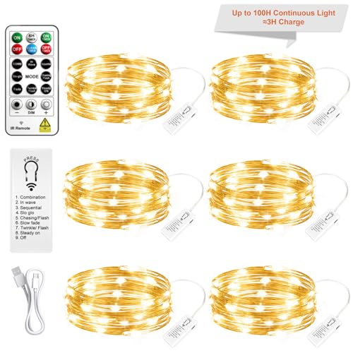 SINAMER 6 Pack Rechargeable Fairy Lights Battery Operated with Remote & DIY Timer 7ft 20LED Dimmable Silver Wire String Light for Mason Jar Mini Twinkle Light for Indoor Christmas Bedroom Warm White