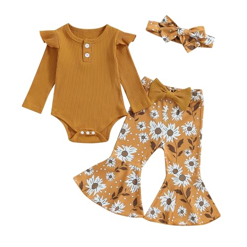 Image of Fernvia Newborn Infant Baby Girl Clothes Ruffle Ribbed Long Sleeve Romper Floral Pants 3 6 9 12 18 Months Fall Winter outfits