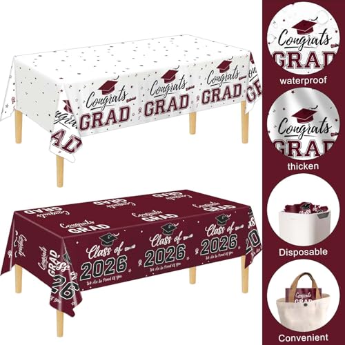 Image of Oigco 2 Pack Maroon Graduation Tablecloths, Graduation Decorations Class of 2026, Congrats Grad Plastic Table Cloths for Graduation Party Decorations, 54 x 108 Inch