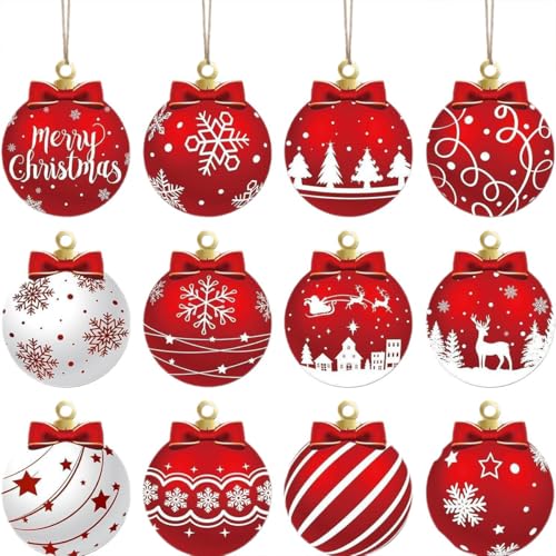 24Pcs Christmas Tree Decorations Wooden Christmas Ornaments Red ＆ White Christmas Hanging Ornaments Wood Snowflake Reindeer Merry Christmas Designs for Home Indoor Winter Holiday Party Decor