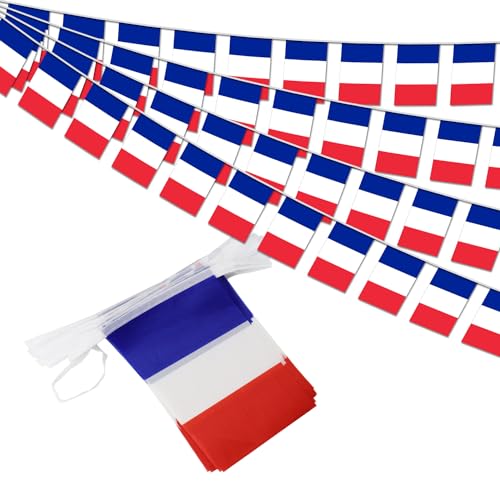 Image of France String Flag Pennant Banner - 38 Flags, 42 Feet Small Mini French Flags Bunting Banner for Country Decoration, School, Party, Sports Events