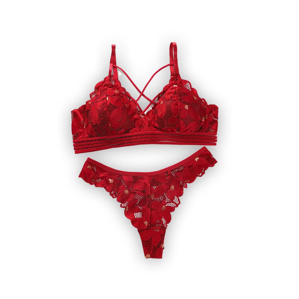 Women's Floral Lace Bra and Panty Set - Sexy Crisscross Strappy Lingerie with Matching Thong - Push Up, Underwire, and See-Through Mesh Design