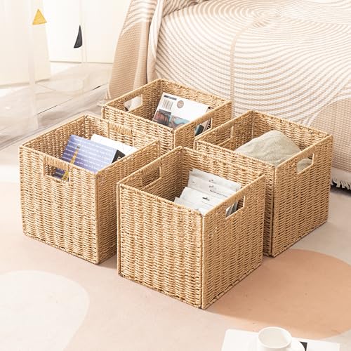 13x13x13-Storage-Cube-Bins-Set-of-4-Paper-Rope-Hand-Woven-Storage-Basket-with-Handles-Collapsible-Square-Storage-Cubes-for-Shelves-Wicker-Shelf-Baskets-for-Living-Room-Bedroom-Organizing-Natural
