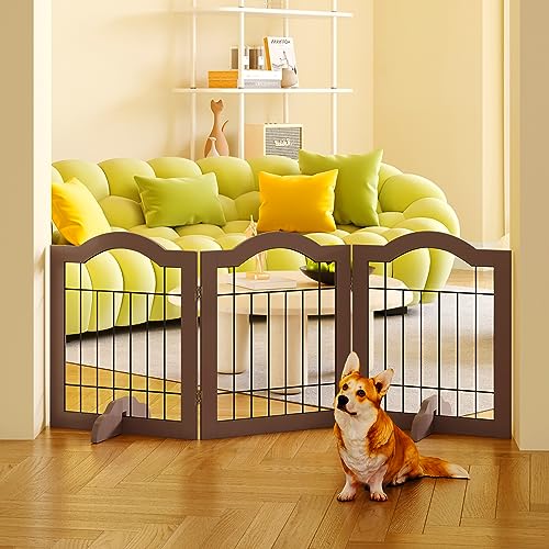 Image of GHQ&ME No-Assembly 60" Wide 24" Tall Freestanding Pet Gate, Wooden Folding Dog Gate for Doorways Stairs, Indoor Pet Puppy Fence with 2PCS Support Feet - Espresso