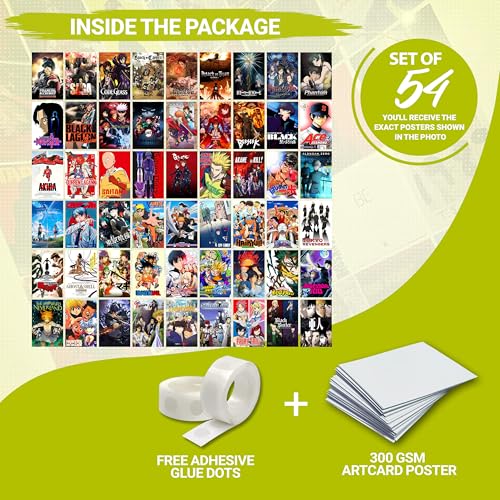 Image of MODERN GALLERY MART Pack of 54 Anime Series Wall Collage Kit Posters - 4 x 6 Inches Posters for Wall Decoration - Wall Art For Bedroom, Office, Living room, Dorm room - Glue Dots Included