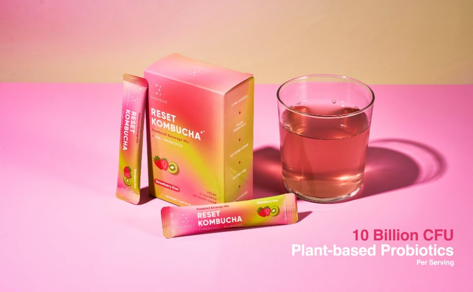 Everydaze BT21 Reset Kombucha Tea Powdered Beverage Mix | 10 Sticks | Prebiotics + Probiotics | Vegan | No Added Sugar, Gluten Free, Sparkling Powder Drink Pack (Peach): Strawberry Kiwi 0.18 Ounce (Pack of 10)