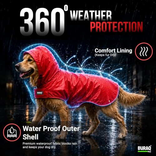Image of Buraq Pets Dog Raincoat, Waterproof Pet Jacket with Hood & Leash Hole, Protects from Rain & Mud for Small to Large Dogs (XL - Red)