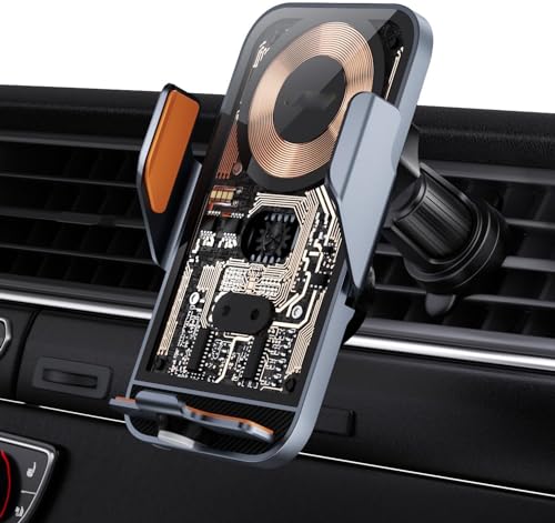 Car Charger Auto Clamping Car Phone Holder Transparent Shell Tempered Glass 360 Degree Rotatable Ball Joint Car Air Vent and Stick On Dashboard Phone Holder (C11)