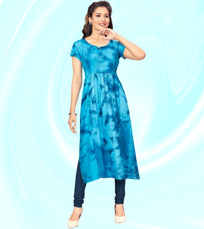 Image of RITIJYA Maternitywear Rayon Tiedie Straight Feeding Kurtis for Women with Zip | Maternity Dress for Nursing & Pregnancy (9206 46,Bright Blue)