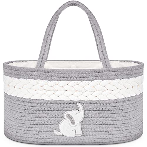 Image of Cradle Star Diaper Caddy Organizer for Changing Table Nursery – Portable Baby Basket Diaper Storage Organizer with Compartments – Elephant Baby Shower Gifts - 100% Cotton Rope, Gray