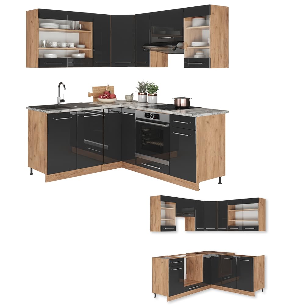 Vicco Eckküche Fame-Line, Anthrazit Hochglanz/Eiche, 190 x 160 cm | 10 Module · Höhenverstellbare Füße · Ohne Arbeitsplatte · MDF-Fronten · Softclose · Metallgriffe