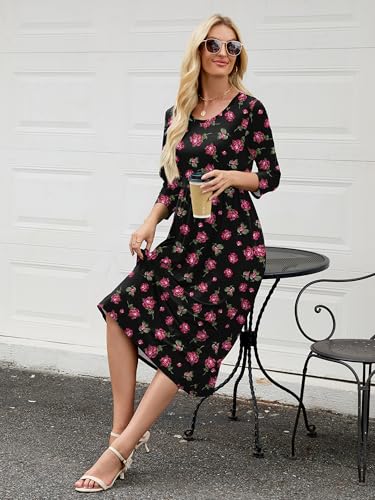 Image of Heymoments Women's Casual 3 /4 Sleeve Midi Dress Crewneck A Line Tiered Flowy Loose Travel Long Dresses with Pockets