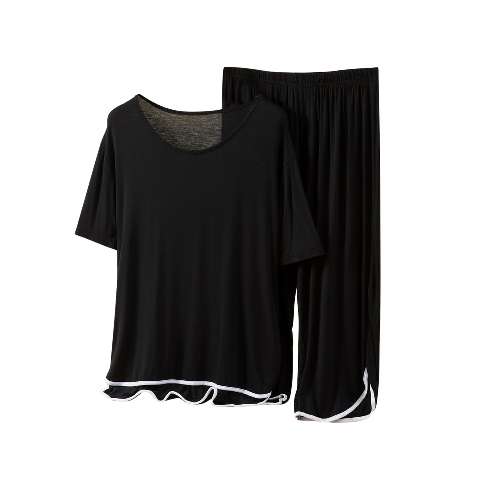 Women Pajama Set Casual Short Sleeve Lounge Set Two Piece Pullover Tops Wide Leg Pants Sleepwear Pjs Set