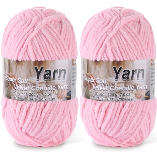 Image of 2 * 200g /7oz Chunky Chenille Yarn for Baby Blanket Yarn for Crocheting - Super Soft Chenille Plush Yarn - Bulk Thick Yarns Used for Making Scarves, Blankets, DIY Craft (Pink)