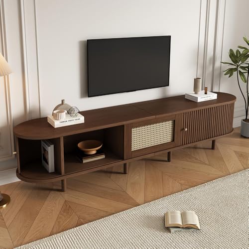 Meuble TV en Noyer Chocolat avec Rangement Multifonctionnel, Design Moderne avec Portes Coulissantes et Tiroirs Tressés, Poignées Dorées, Pieds Ajustables