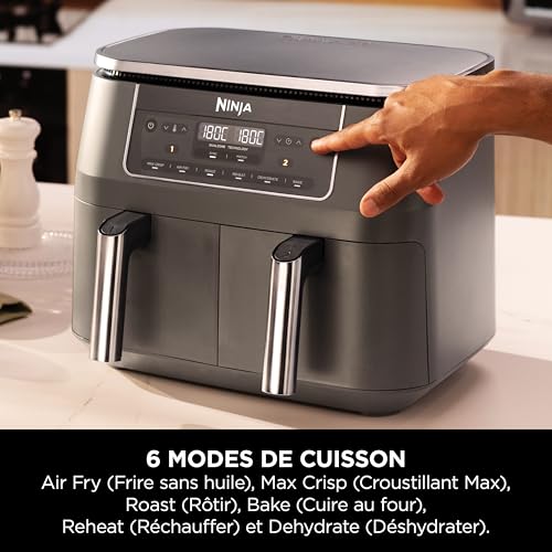 Ninja Air Fryer Dual Zone numérique, Friteuse à air électrique, 2 compartiments, 7,6 L, 6-en-1, Friteuse sans huile, Croustillant max, Rôtir, Cuire au four, Déshydrater, Réchauffer, Gris métal DZ300EU – Image 6