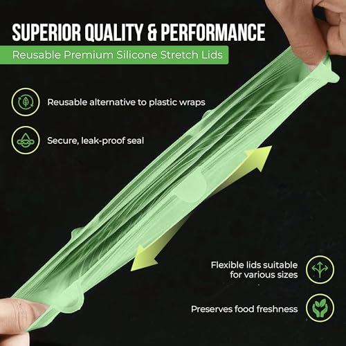 Image of Reusable Silicone Stretch Lids for Food Storage in Fridge - Elastic Heat-Resistant Bowl Covers, Cups, Cans, Jars - Universal Food Grade Lid for Containers - 7 Pack - Light Green Stretchy Lid Set