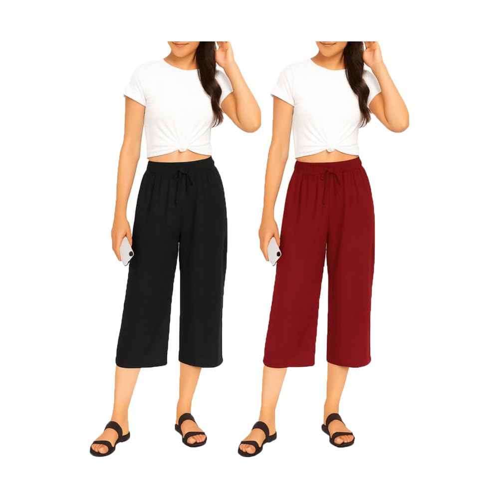 Womens Wide Leg Capris, 3/4th Capri With Loosefit For Girls Black, Marrone 2Pack-image-5