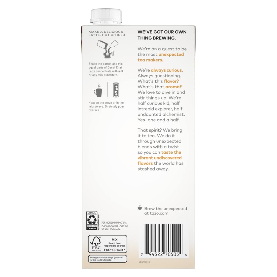 TAZO Decaf Chai Latte, Black-Tea Concentrate, Easy-to-Serve Chai Tea for Everyday Lattes, Hot or Iced-Tea and Mocktails, 32 oz Tea Mix Carton (Pack of 5)