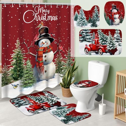 Teenyyou 4 Pcs Christmas Shower Curtains Set with Non Slip Rug Winter Christmas Bathroom Decor Toilet Lid Cover and Bath Mat Snowman Shower Curtain with 12 Hooks for Xmas Bathroom Decor(Red,Classic)