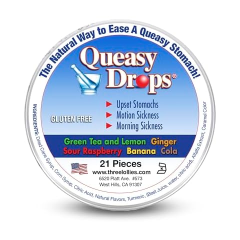 Three Lollies Queasy Drops - Relief from Chemotherapy Nausea & Travel Sickness - Relieves a Dry Mouth & Settles The Stomach - Natural Ingredients - 5 Flavors - 21ct Cover