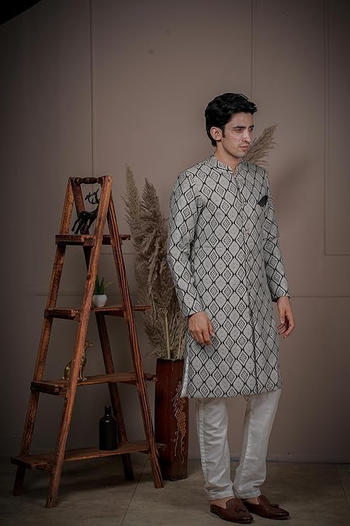 Image of Amzira Men's Soft Cotton Indo Western Kurta Pyjama Set with Mandarin Collared Neck Long Sleeves Button Closure and Solid Pant