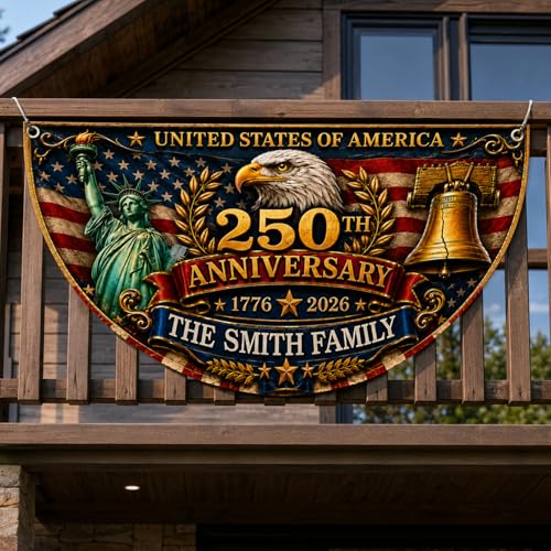 Ship Next Day Personalized 250 Years of Freedom Flag with Family Name, Custom USA 250th Anniversary Bunting Flag, America 1776 2026 Patriotic Eagle Design Banner, Gifts for Family, Friend