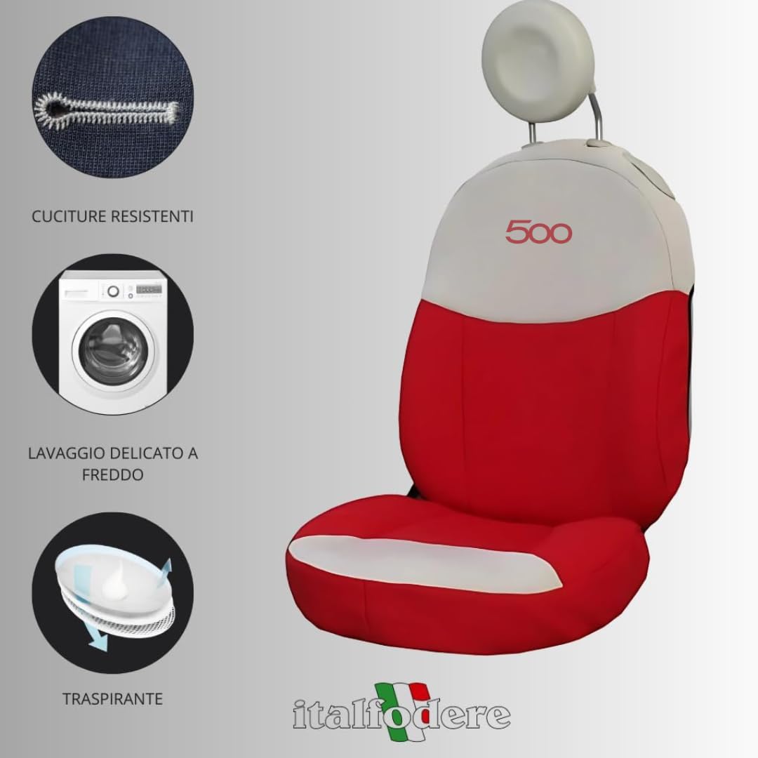 Italfodere - Coppia Coprisedili Anteriori Compatibili con Fiat 500 dal 2007 in Poi - Rosso/Panna - Cotone Accoppiato - Fatti a Mano - Eleganti e Resistenti - Accessori Auto Interno - Made in Italy