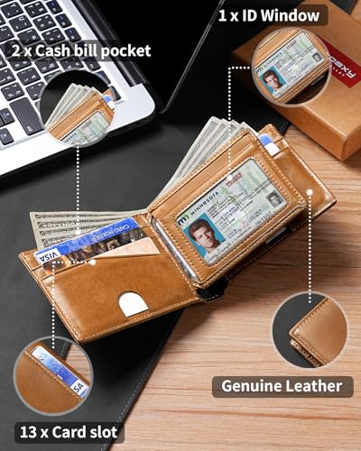 Image of Artpaxy Mens Wallet Bifold Genuine Leather RFID Blocking Wallet for Men with 1 ID Windows 13 Card Holders 2 cash pockets 1 Gift Box