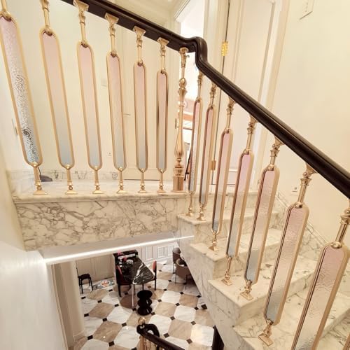 Gold Metal Stair Balusters, Rotatable 270° Spindles, Tempered Glass & Wrought Iron, Stable Interior Decorative Railings for Home, Garden, Corridor, Lofts & Decking.