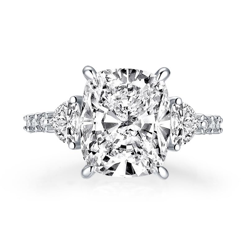 4 Carat Moissanite Diamond Ring, Engagement Rings for Women, Cushion Cut, Promise Ring, 3 Stones Wedding Band Jewelry, White Gold Plated Sterling Silver 3.5ct D Color VVS12